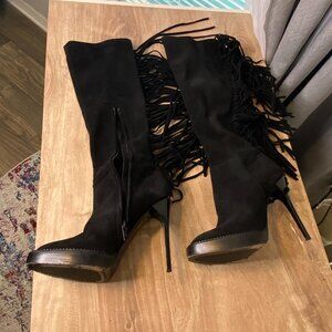 Burberry Black Suede Fringed Knee High Heeled Boots